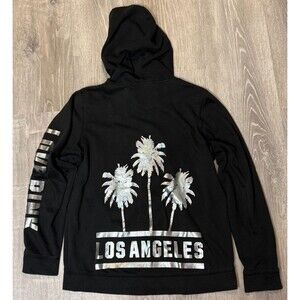 Victoria’s Secret Pink Black Zip Up Hoodie M LOS ANGELES Palm Silver Pearlescent